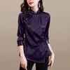 Blusas femininas 1 pçs topos 2023 outono real seda jacquard emenda irregular bandagem primer camisa senhoras magro retro sexy camisas