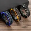 Pulseira de couro com miçangas de pedra natural olho de tigre, pulseira de couro com fivela multicamadas para homens, joias da moda