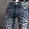 Herenjeans Stretch Design Denim Jeans Biker Fit voor heren Slim Painted Patch Trim Been Cowboybroek Mannelijk x0911