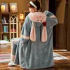 女性用スリープウェア冬のフランネルパジャマセット女性用フード付き耳式暖かいかわいいルーズパジャマスーツローブローブセット