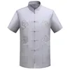 Camisas casuais masculinas chinês tradicional tang roupas superior gola mandarim wing chun vestuário manga curta bordado dragão sh2090