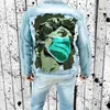 Men's Jackets Hip Hop Funny Printed Mens Denim Jacket Hole Wear Lapel Coat 2023 Autumn Winter Cowboy Fashion Trend Streetwear