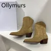 Stiefel Schuhe für Frauen 2023 Echtes Leder Cowboy Spitze Zehen Slip auf Holzabsatz Knöchel Designer 230911