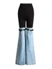 Jeans da donna Pantaloni a zampa di denim patchwork di colore per le donne Pantaloni lunghi a vita alta Abbigliamento primaverile femminile Gamba larga a blocchi di colore blu