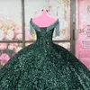 Blackish Green Sequined Princess Quinceanera Dress Ball Gown Beaded Off Shoulder 15th Party Gown Tull Detachable tail Sweet 16 Dress