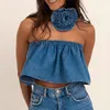 Tanks Femmes Vintage Mignon Femmes Hors Épaule Denim Crop Tops Avec Fleur Ras Du Cou Élastique Bustier Bustier Gilet Party Chic Tube Top Été