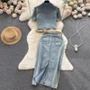 Work Dresses Two Piece Skrits Sets Denim Pokets Summer Women Outifit Jeans Turn-down Collar Vintage 2Pieces Skirt Set Korean Fashion