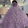 Sparkly Purple Sweetheart Princess Ball Gown Quinceanera Dress Off The Shoulder Lace 3Dflower With Bow Sweet 16 Dress Vestidos de 15