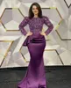 2023 Grape Purple Evening Dresses Wear Jewel Neck Sequined Lace Beads Mermaid Prom Gowns Long Sleeves Formal Prom Dress