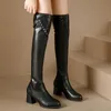 Laarzen Hoge Hakken Over De Knie Voor Vrouwen Herfst Winter Slanke Lederen Dij Vrouw Gesp Decor Zwart Lang 230911