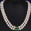 2 rad 8-9mm South Sea White Green Jade Mother Pearl Necklace Yellow Clasp240R
