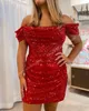 Off-Shoulder Homecoming Dress 2K24 Nye Hoco Ruched paljettkorsett Drama Graduation Formell Cocktail Party Wedding Guest Holiday Club Black-Tie Gala Prom Light Blue Red