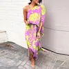 Urban Sexy Dresse Pattern Print Side Split Maxi Dress Summer Fashion Diagonal Collar Batwing Sleeve Beach Lady Backless Vestidos 230911