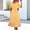 Casual Dresses Elegant Vestidos 2023 Women's Dress Summer Cross V Neck Tie Stripe Print Short Sleeve Ladies Fashion