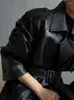 Женский кожаный осенний удлиненный черный плащ из искусственного меха большого размера для женщин, двубортный свободный двубортный плащ с рукавами и поясом, мода 2023