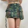 Skirts Y2K Vintage Cargo Denim Skirt With Pocket 2023 Fashion Tie Dyed Streetwear Mini Skirts Hot Girls Sexy Spliced Irregular High Waist Slim Fit Jeans Short Skirt L2