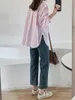 女性用ブラウスフルスリーブ特大のストライプシャツ女性2023秋のファッションルーズコットン刺繍カジュアルブラウストップピンク付きポケット