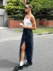 Spódnice Jyate Summer Blue Slit Denim Women 2023 Streetwear Low Rise Talia Prosta mody Bawełniane kieszenie Slim Long