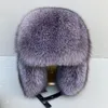 Unisex pełne zadaszone prawdziwe srebrne niebieskie futra futra cała pelt lis futra rosyjska ushanka hat traper Hunter Hat Cape Cap