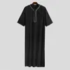 Ethnic Clothing Solid Color V Neck Muslim Men Jubba Thobe Retro Button Kimono Half Sleeve Robe Saudi Musulman Shirt Islamic Arabic Kaftan