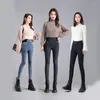 Frauen Hosen Elastische Hohe Taille Dünne Jeans Plus Größe Mode Frauen Schwarz Blau Tasche Herbst Weibliche Stretch Denim Bleistift