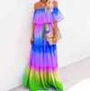 MagnificentWomen's Elegant Off Shoulder Summer Ruffle Beach Maxi Dress Rainbow Pleated Casual Long Full Length S-2XL HKD230912