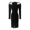 Casual Dresses 2023 Spring Fashion Women Sexig V-ringning långärmad dragkedja sammet bodycon lapptäcke båge svart knälängd klänning