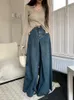 Kadınlar Kot Parklı Koyu Mavi Yüksek Belli Zippers Düğmesi Geniş Bacak Pantolonları Denim Patchwork Mop Kadın Gevşek Takım