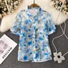 Kvinnors blusar Runway Summer Puff Short Sleeve Slå ner kragen Single Breasted Chiffon Shirt Clothing Print Casual Loose Blouse