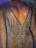 Stage Wear Brillant Argent Cristaux Chaînes À Manches Longues Strass Robe Soirée Anniversaire Transparent Mesh Outfit Femmes Danseuse Sexy