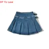 Skirts Pleated Denim Mini Skirts Vintage Belt A-line Zipper Blue Zipper Bottom Woman Black Solid Female Streetwear Quality 230911