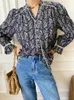 Kvinnors blusar Gypsylady French Elegant Chic Floral Shirt Blouse Navy Blue Cotton Spring Long Sleeve Women Office Holiday Ladies