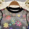 T-shirt da donna Camicia a maniche lunghe in garza con stampa vintage Maglietta casual slim sexy Maglietta sottile chic Donna Harajuku Streetwear Moda Crop Top