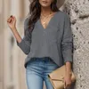 Women's Hoodies Retro V Neck Knit Pullover Pocket Loose Sweatshirt Long Sleeved Solid Color Jumper Casual For Ladies Autumn