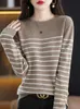 Aliselect mode 100% laine mérinos haut femmes tricoté pull col rond à manches longues pull printemps automne vêtements rayé tricots
