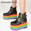 Boots Rainbow Chunky Heel Women Flat Platform Buckkle Strap Genuine Leather Ankle Female Causal Super High Botas 230912