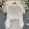 Damesblouses Dames Elegante pluizige gebreide trui met lange mouwen Vintage O-hals Top Koreaanse mode crop-sweater
