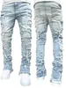 Jeans masculinos ajuste regular empilhado remendo angustiado destruído roupas retas casual jean streetwear