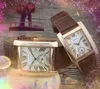 Lurury Homme Chiffres Carrés Cadran Montres Femme Dame Fille Garçon Boîtier En Métal En Acier Inoxydable Or Rose Argent Série Réservoir En Cuir Véritable Affaires Mouvement À Quartz Horloge