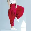 Pantalon Femme 2023 Femmes Coton Lin Taille élastique Drop-Crotch Baggy Pure Longue Lanterne Pantalon Patchwork Large Jambe Pantalon Rouge