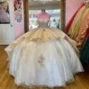 Glitzerndes Champagner-Spaghetti-Träger-Schatzherz-Prinzessin-Ballkleid Quinceanera-Kleider Applikationen Blumenkristall Sweet-16-Kleid Vestidos de 15