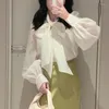 Women's Blouses Kuzuwata Japan Lantern Sleeve Slim Blusa Feminina Large Bow Collar Solid Color Camisa 2023 Spring Yarn Trendy Exquisite