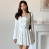 Work Dresses Fashion Korean Style Sexy Street Clothes Women Vintage Double Breasted Short Coat Jacket Pleated Mini Skirt Female 2 Pieces Set