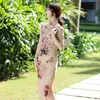 Ethnische Kleidung Damen Satin Lange Slim Fit Cheongsam Chinesisches Traditionelles Retro-Druckkleid Plus Size Elegante Party-Vestidos Stehkragen