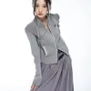 Karrcat Cardigan côtelé vintage pour femme - Pull tricoté avec broderie grunge - Esthétique Y2k - Manteau à fermeture éclair - Style américain - Streetwear 230912