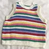 Rainbow Dopamine Heavy Knitted Sleeveless Vest Womens Hollow Design Round Necklace Colorful