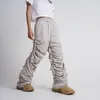Pantalon pour hommes Harajuku Cordon de serrage plissé Pantalon de survêtement évasé Mode Casual Baggy Jogging pour hommes Couleur unie Vadrouille Hip Hop