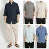 Men's T Shirts Chinese Style Large Size 7/4 Sleeve Buckle Linen Shirt Stand Up Collar Retro Ethnic Cotton Tang Spring