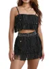 Tweedelige jurk dames 2 stuks outfitsets mouwloze pailletten sling crop top kwastje minirok met riem party clubwear