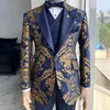 Jacquard Floral Tuxedo Suits for Men Wedding Slim Fit Navy Blue and Gold Gentleman Jacket with Vest Pant 3 Piece Male Costume 2208199r